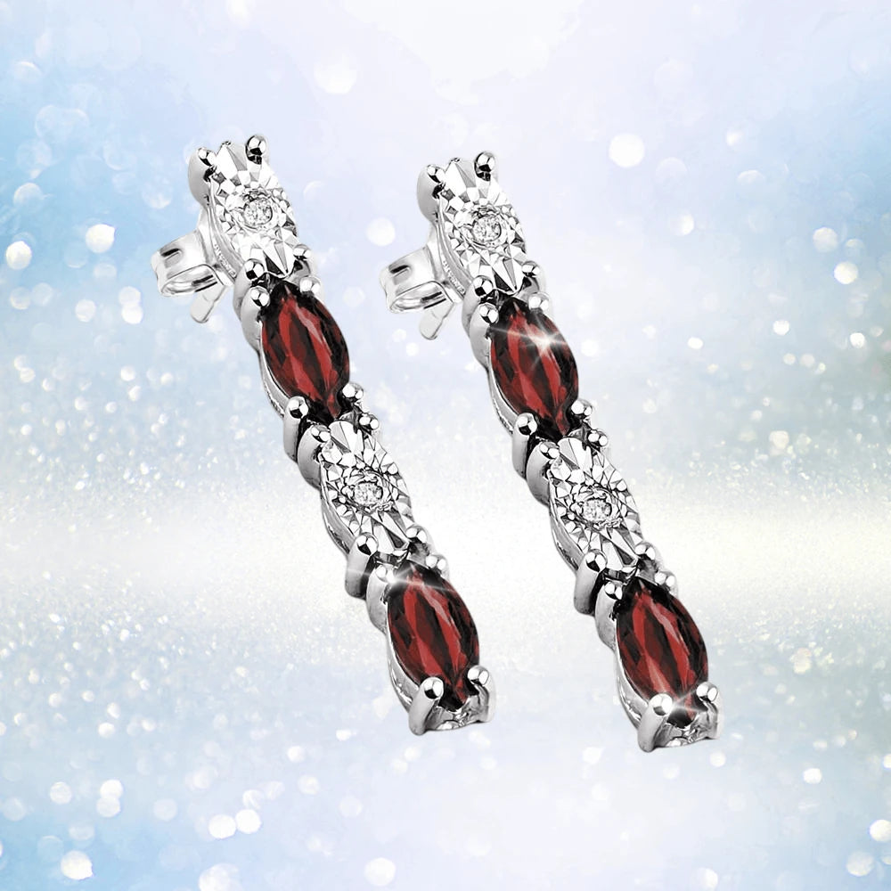 Navette Earrings in sterling silver with rhodium plating, featuring alternating sparkling clear and deep red gemstones for an elegant, feminine jewelry statement.