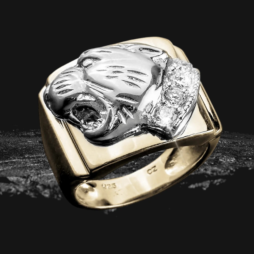 Panthera Rings sterling silver men's ring featuring a detailed two-tone design with a roaring panther head and sparkling cubic zirconia accents.