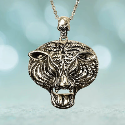Fierce Men's Pendant featuring a detailed tiger head design with a small skull accent, crafted from gold-plated stainless steel on a matching chain necklace.