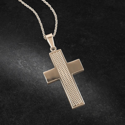 Columbus Magnetic Rose Gold Pendant featuring stainless steel construction with rose gold plating, designed for men, showcasing a textured vertical stripe on the cross pendant.