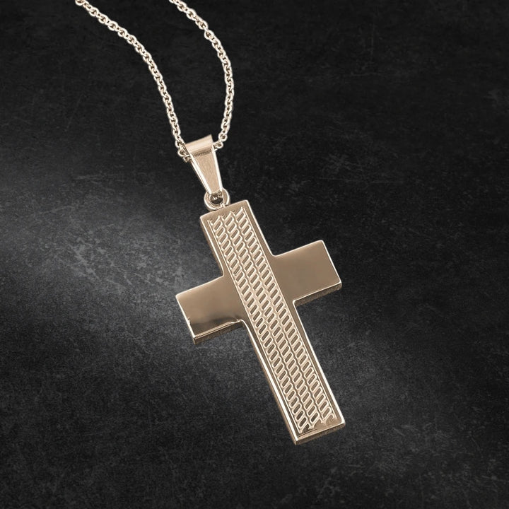 Columbus Magnetic Rose Gold Pendant featuring stainless steel construction with rose gold plating, designed for men, showcasing a textured vertical stripe on the cross pendant.
