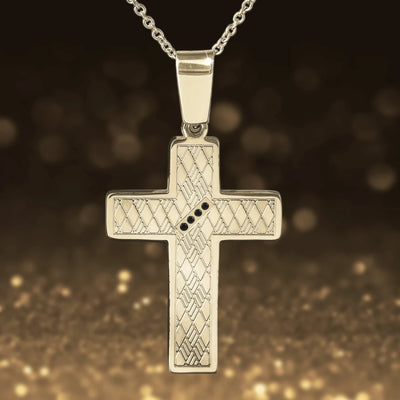 Rafferty Steel Pendant featuring a two-tone stainless steel cross design with intricate pattern and black stone accents, ideal men's jewelry necklace accessory.