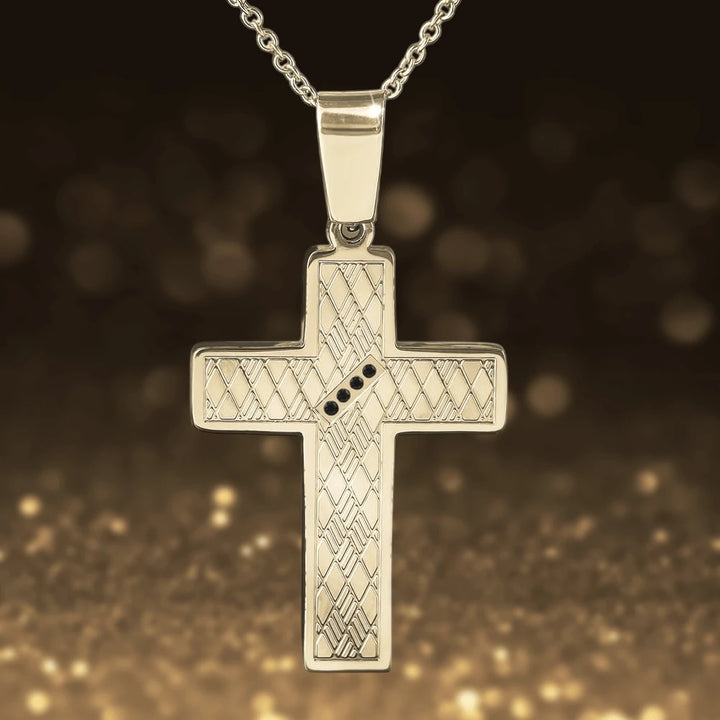 Rafferty Steel Pendant featuring a two-tone stainless steel cross design with intricate pattern and black stone accents, ideal men's jewelry necklace accessory.