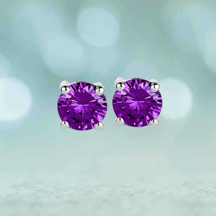 Brilliant Birthstones Earrings February featuring round purple gemstones set in rhodium-plated sterling silver, elegant jewelry for women.