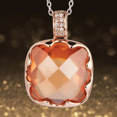 Cognac Pendant featuring a faceted cognac-colored stone set in sterling silver with rose gold plating and accented by small sparkling crystals on the bail, designed for women.