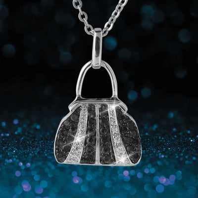 Couture Handbag Rhodium Pendants sterling silver necklace featuring a detailed handbag pendant with rhodium plating and black stone accents, designed for female jewelry collectors.