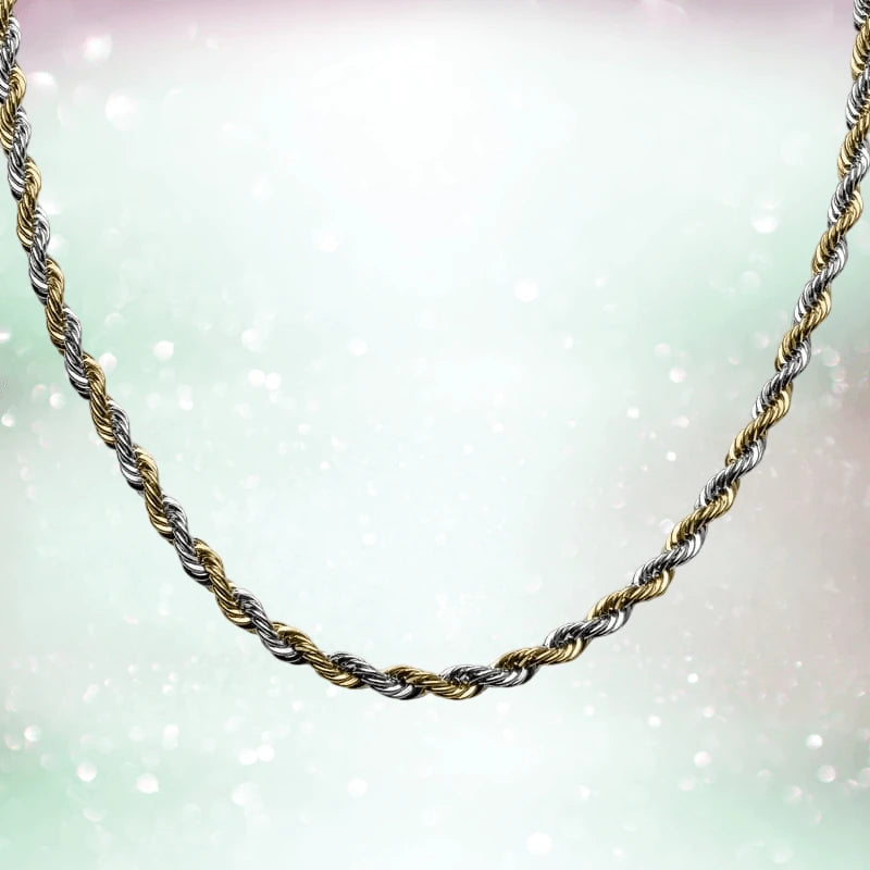 Two Tone Rope Chain Necklace for male featuring an elegant twisted design with intertwined gold and silver tones, perfect for jewelry collection.