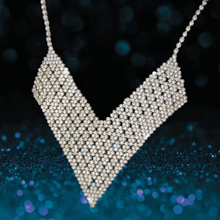Glamorama Gold Statement Necklace featuring a white base metal design with gold plating in an intricate, sparkling pattern perfect for elegant female jewelry.