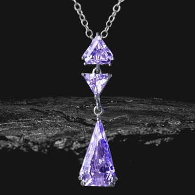 Deco Chandelier Pendant featuring three radiant purple gemstones set in sterling silver with rhodium plating, designed for an elegant and refined feminine look.