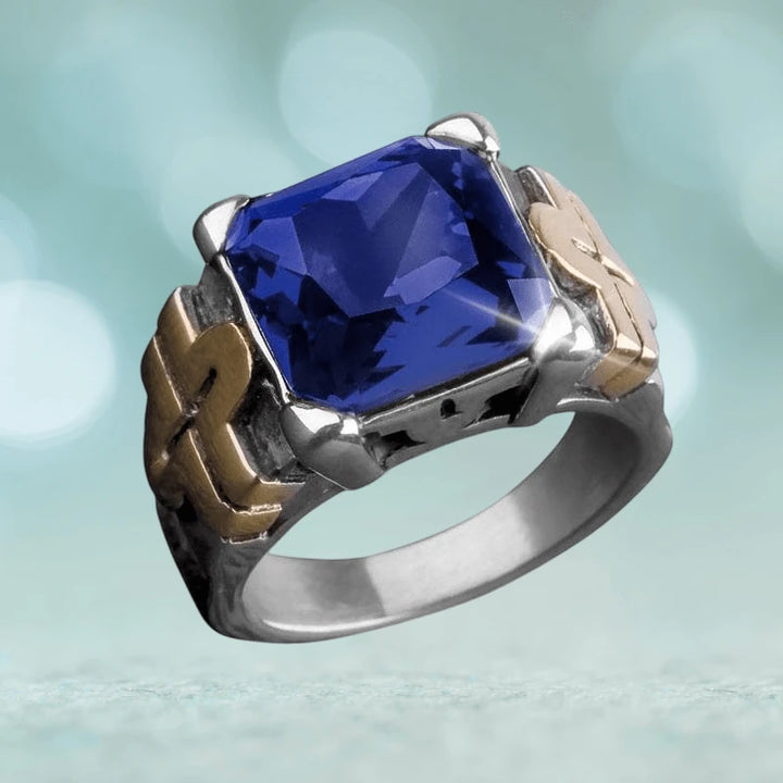 Fiesta Blue Men's Ring featuring a large square blue gemstone set in stainless steel with gold plating accents, designed for a bold, sophisticated look in men's jewelry.