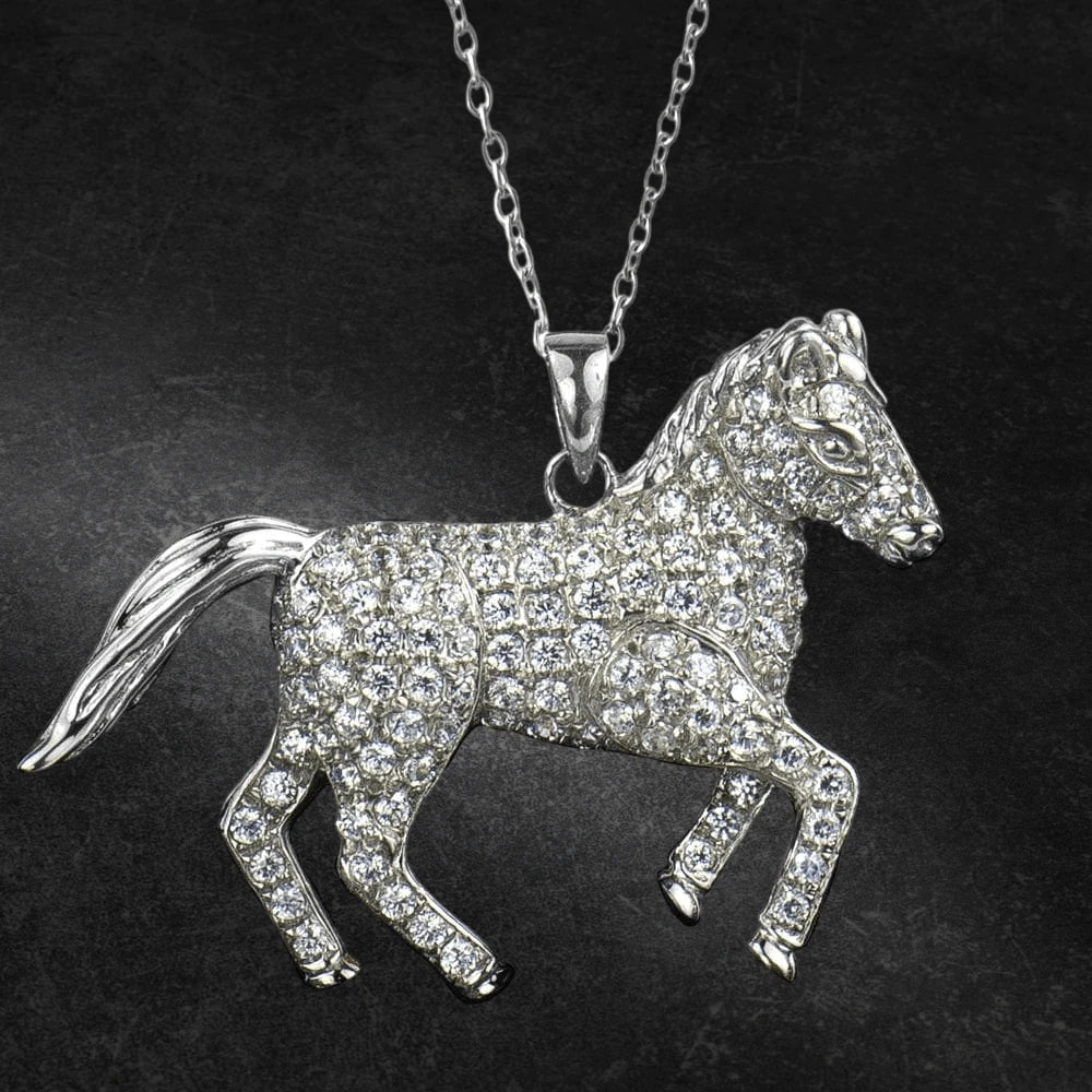 Wild Pony Rhodium Pendant featuring a sparkling sterling silver horse-shaped design with rhodium plating, crafted for women jewelry lovers seeking elegant necklaces.