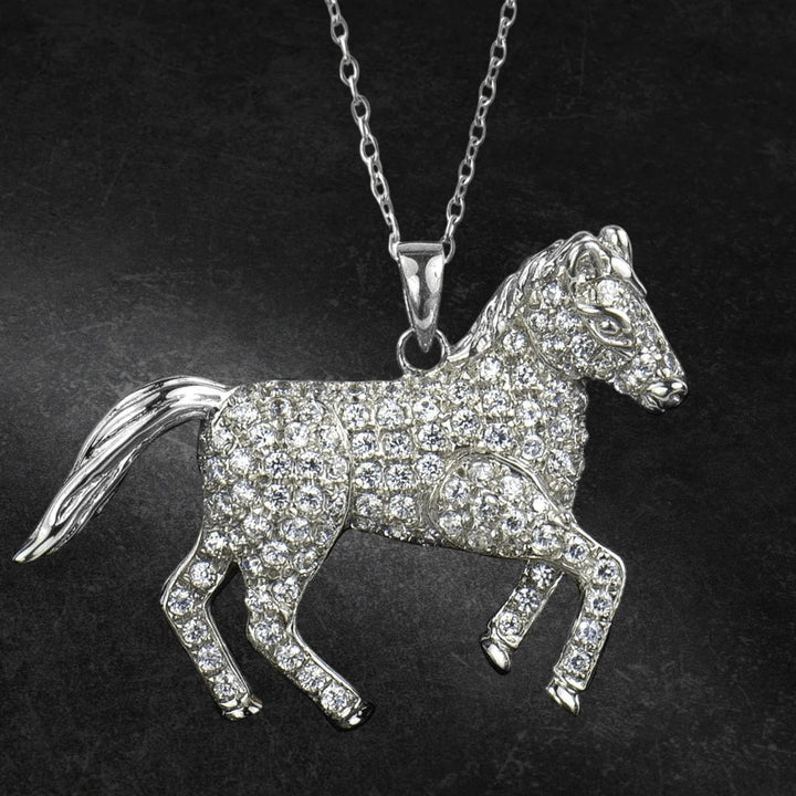 Wild Pony Rhodium Pendant featuring a sparkling sterling silver horse-shaped design with rhodium plating, crafted for women jewelry lovers seeking elegant necklaces.