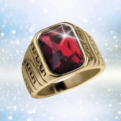 Cardinal Men's Ring featuring a bold rectangular red gemstone set in gold-plated stainless steel with intricate geometric engravings, perfect men's jewelry.