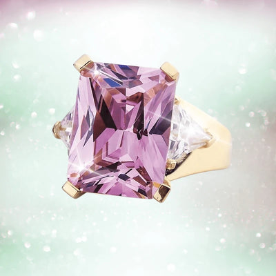 Argyle Trilogy Ring featuring a large rectangular purple gemstone flanked by two clear triangular stones, set in gold-plated sterling silver designed for female jewelry enthusiasts.