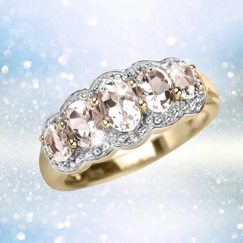 Liberty Morganite Ring featuring five oval morganite stones set in sterling silver with gold plating, designed for women’s elegant jewelry collections.