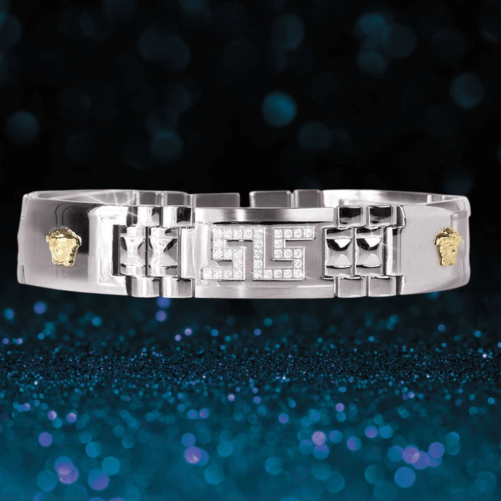Medussa Bracelet featuring stainless steel construction with two-tone plating, designed for men, showcasing intricate geometric patterns and gold-tone Medusa head accents.