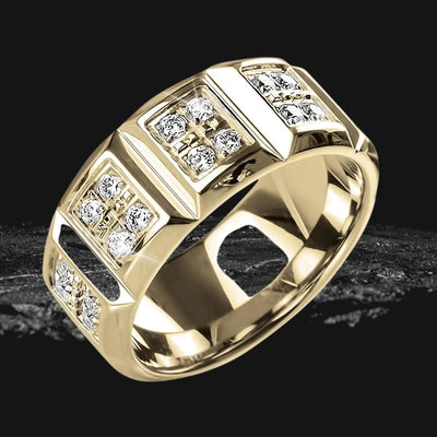 Pyramid Gold Ring for male made of gold-plated stainless steel featuring a geometric design with embedded clear gemstones, showcasing a bold and stylish jewelry piece.