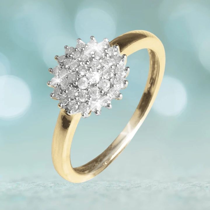 Classico Diamond Cluster Ring featuring a gold-plated sterling silver band with a sparkling diamond cluster centerpiece designed for women’s jewelry collection.