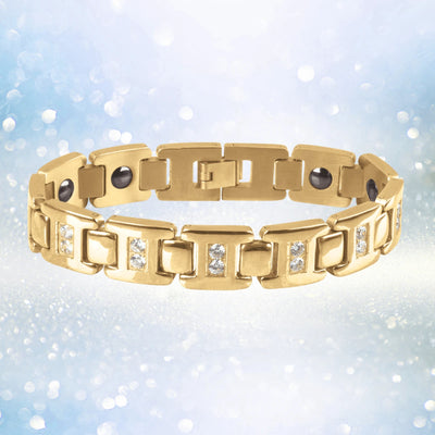 Dynasty Men's Bracelet crafted from gold-plated stainless steel featuring a link design with embedded clear gemstones, a luxurious piece of men's jewelry.