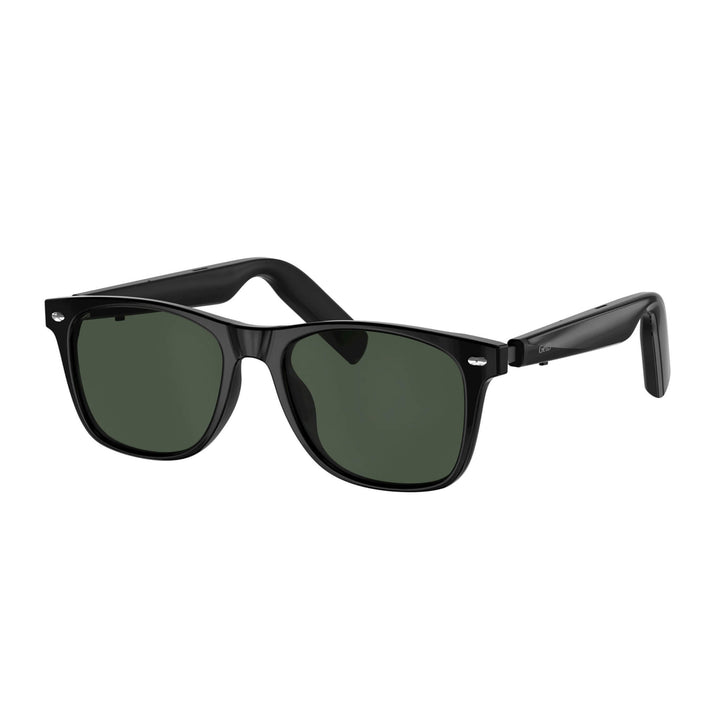 Black framed Smart Sunglasses with dark green lenses, featuring a classic square shape and a sleek, modern design suitable for everyday wear.