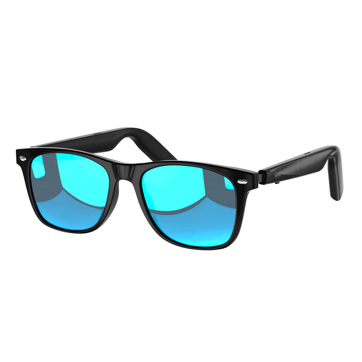 Black frame Smart Sunglasses with reflective blue lenses designed for modern style and UV protection in outdoor settings.