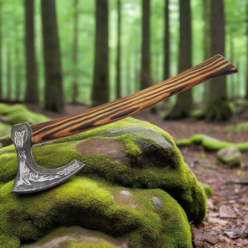 Bearded Viking Axe resting on a rock