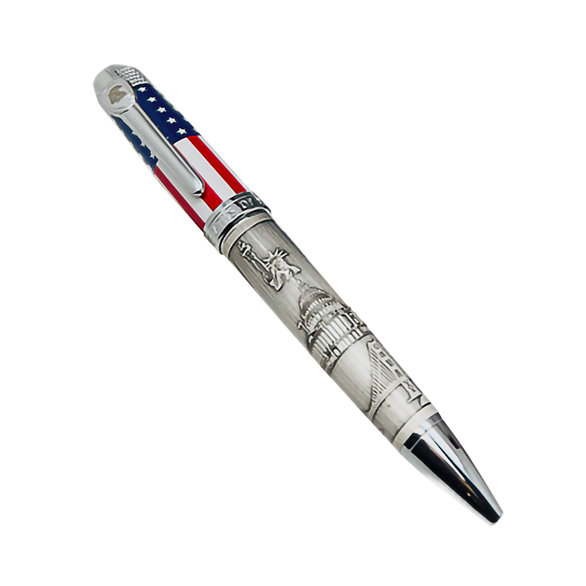 The American Journey Pen featuring a detailed silver body engraved with iconic American landmarks and a cap decorated with the stars and stripes of the US flag.