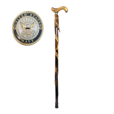 Navy Veterans Walking Cane with polished dark wood shaft gold accents carved handle and United States Navy emblem Up To 75% Off Retail