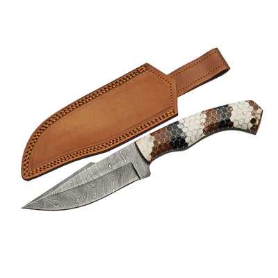 Damascus Viper Knife with patterned Damascus steel blade honeycomb handle and stitched brown leather sheath Up To 75% Off Retail