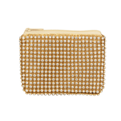Gold Ruffle Coin Wallet adorned with sparkling rhinestones in a shimmering gold finish, designed for women to stylishly carry coins and small essentials.