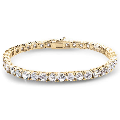 Millionaire Gold Tennis Bracelet featuring sparkling round-cut stones set in sterling silver with gold plating, designed for a sophisticated female jewelry collection.