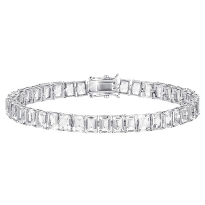 Fifth Avenue Emerald-Cut Bracelet featuring a silver-tone setting with a continuous row of rectangular clear stones and a secure box clasp for elegant jewelry styling