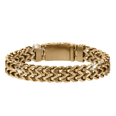 Byzantium Weave Bracelet in polished gold tone with an intricate woven link design and secure foldover clasp displayed on a white background