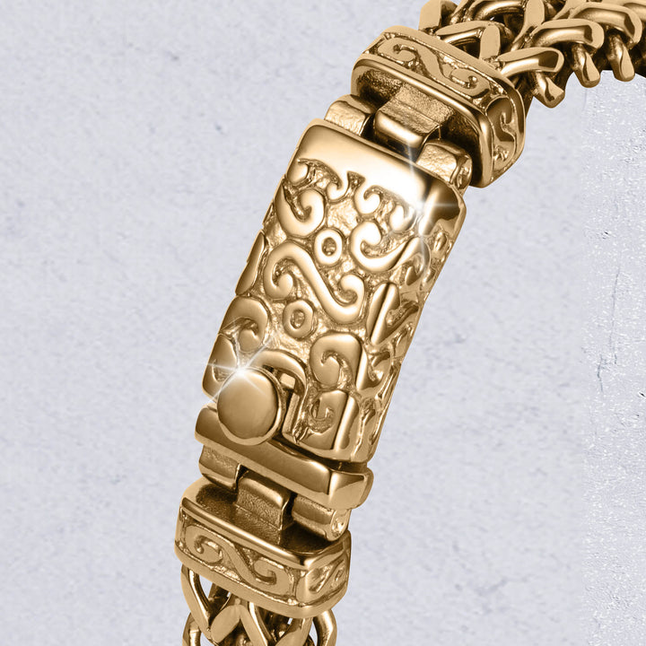 Byzantium Weave Bracelet in ornate gold tone with intricate embossed detailing and linked chain design Up To 75% Off Retail