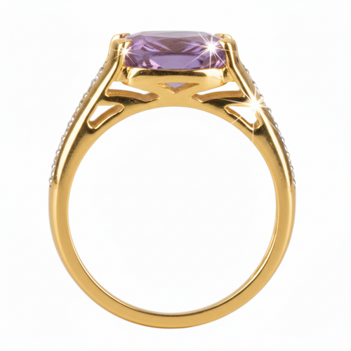 Gold ring with a purple gemstone on a white background