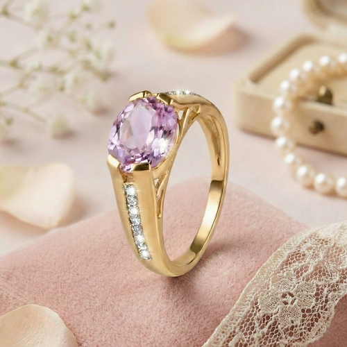 Gold ring with a pink gemstone on a soft pink surface with lace and pearls.
