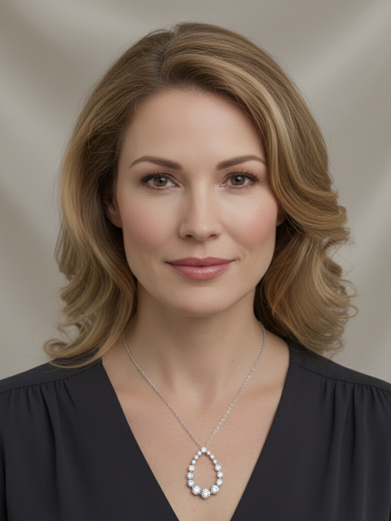 Woman wearing a black top and silver necklace against a beige background. Daniel Steiger To Catch A Thief Pendant