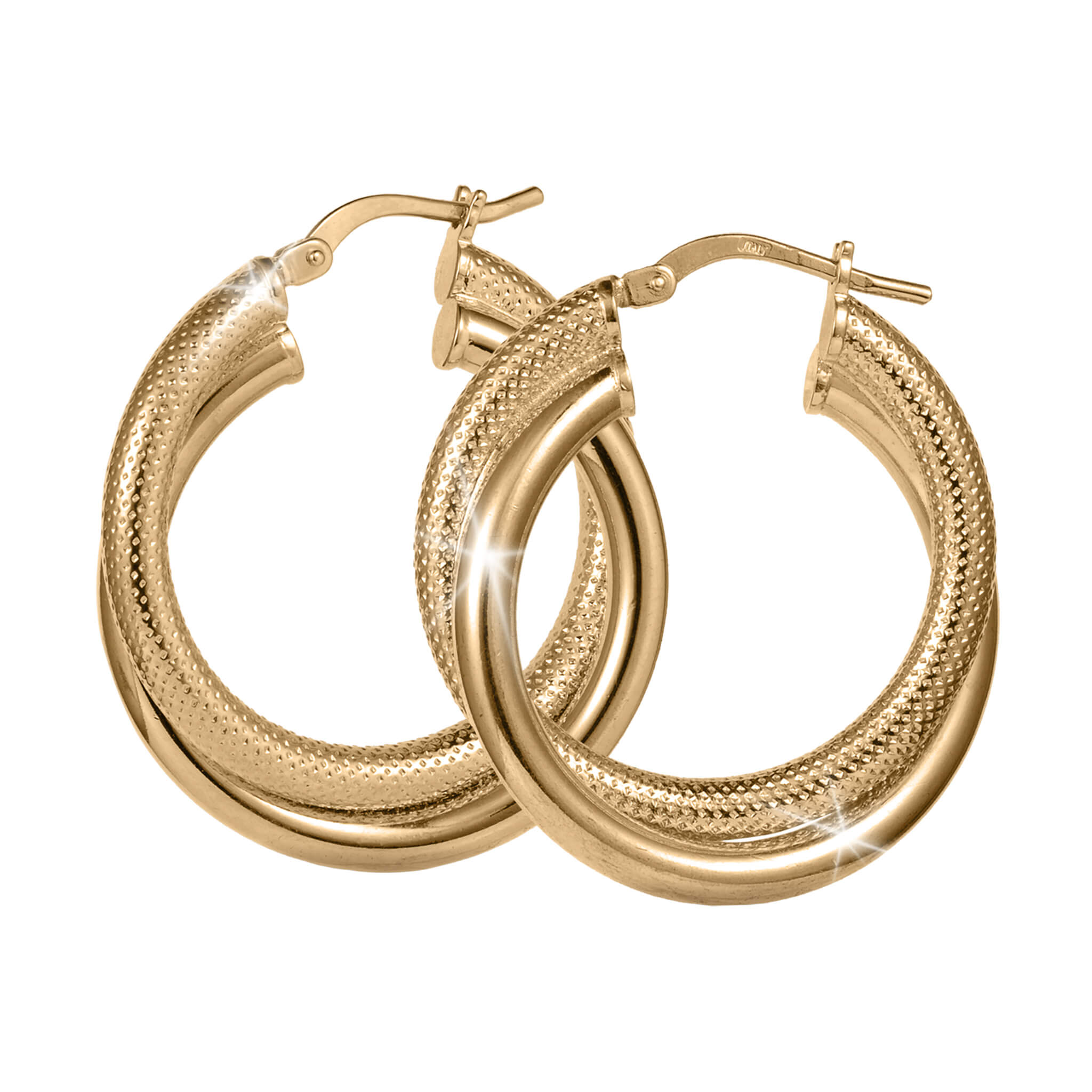 Lucente Hoop Round Earrings in polished gold-tone metal featuring a textured surface and secure hinged clasps, perfect for stylish everyday jewelry.