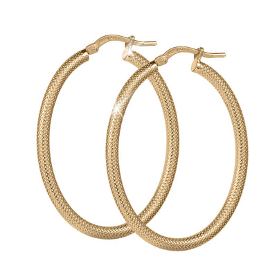 Lucente Hoop Oval Earrings in textured gold-tone metal with a polished finish, designed as elegant oval-shaped hoops perfect for everyday jewelry and stylish looks.
