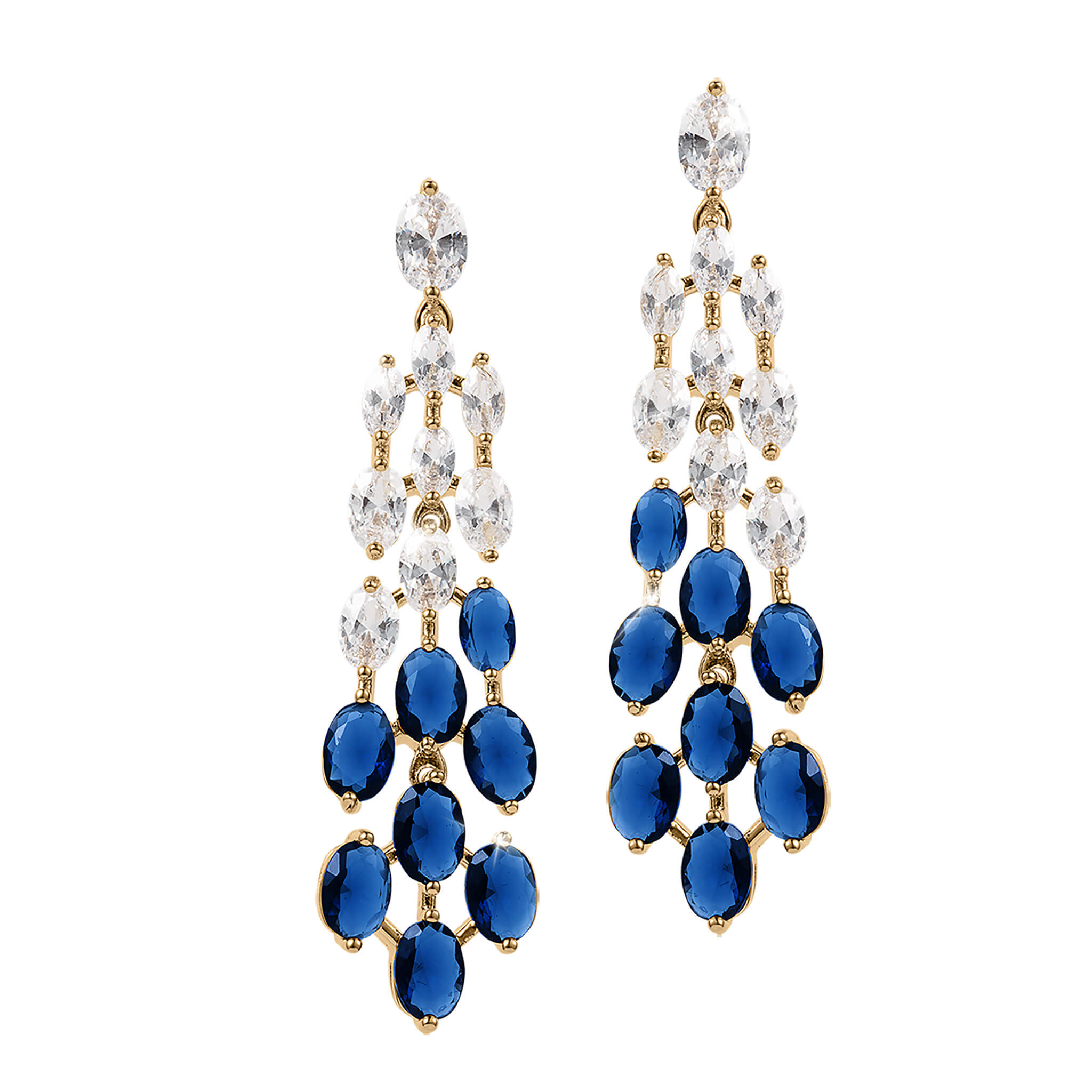 Elegant Royal Tide Earrings featuring cascading clear and deep blue gemstones set in gold-tone metal, designed for sophisticated jewelry collections and special occasions.