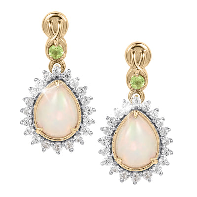Opal Dew Drop Earrings featuring pear shaped opals framed by sparkling clear stones and accented with green gemstones in elegant gold tone settings Up To 75% Off Retail