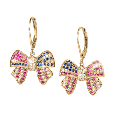 Heritage Bow Earrings featuring bow-shaped gold-tone design adorned with pink, blue, and clear gemstones for a colorful and elegant jewelry statement.