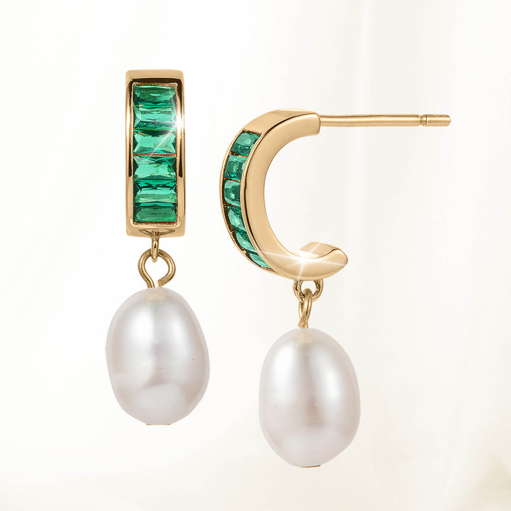 Gold-tone earrings from the Pearl Radiance Collection featuring green rectangular stones and elegant white pearl dangles for a sophisticated jewelry look.