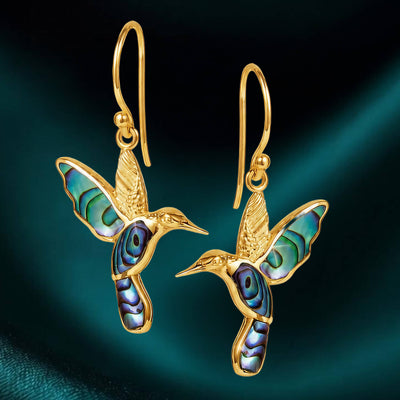 Pair of elegant Golden Abalone Hummingbird Earrings featuring iridescent abalone inlays and polished gold-tone metal, perfect for jewelry collectors seeking unique designs Up To 75% Off Retail