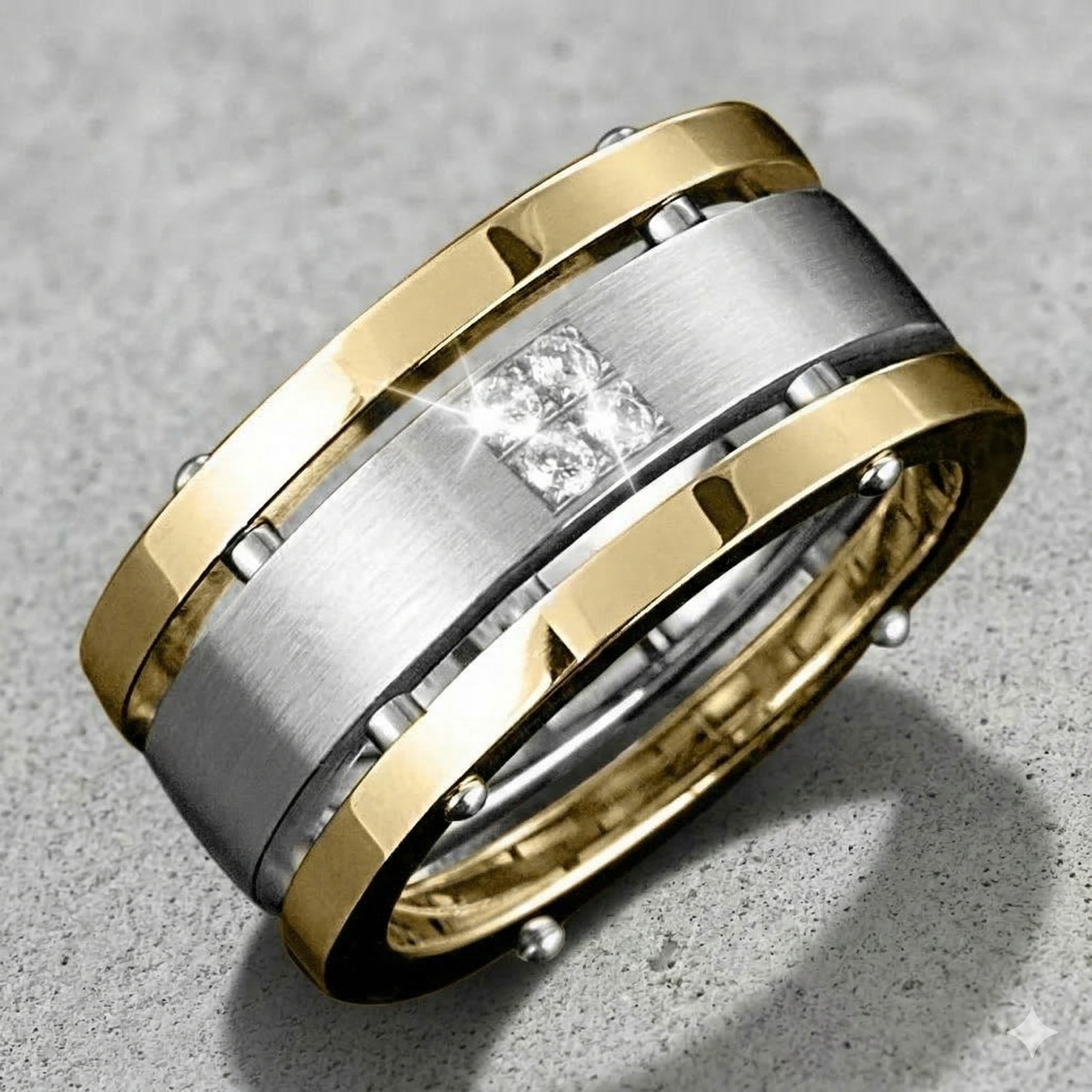 Quattro Ring featuring a two-tone stainless steel design with gold plating and four embedded sparkling stones, crafted for a refined male jewelry statement.