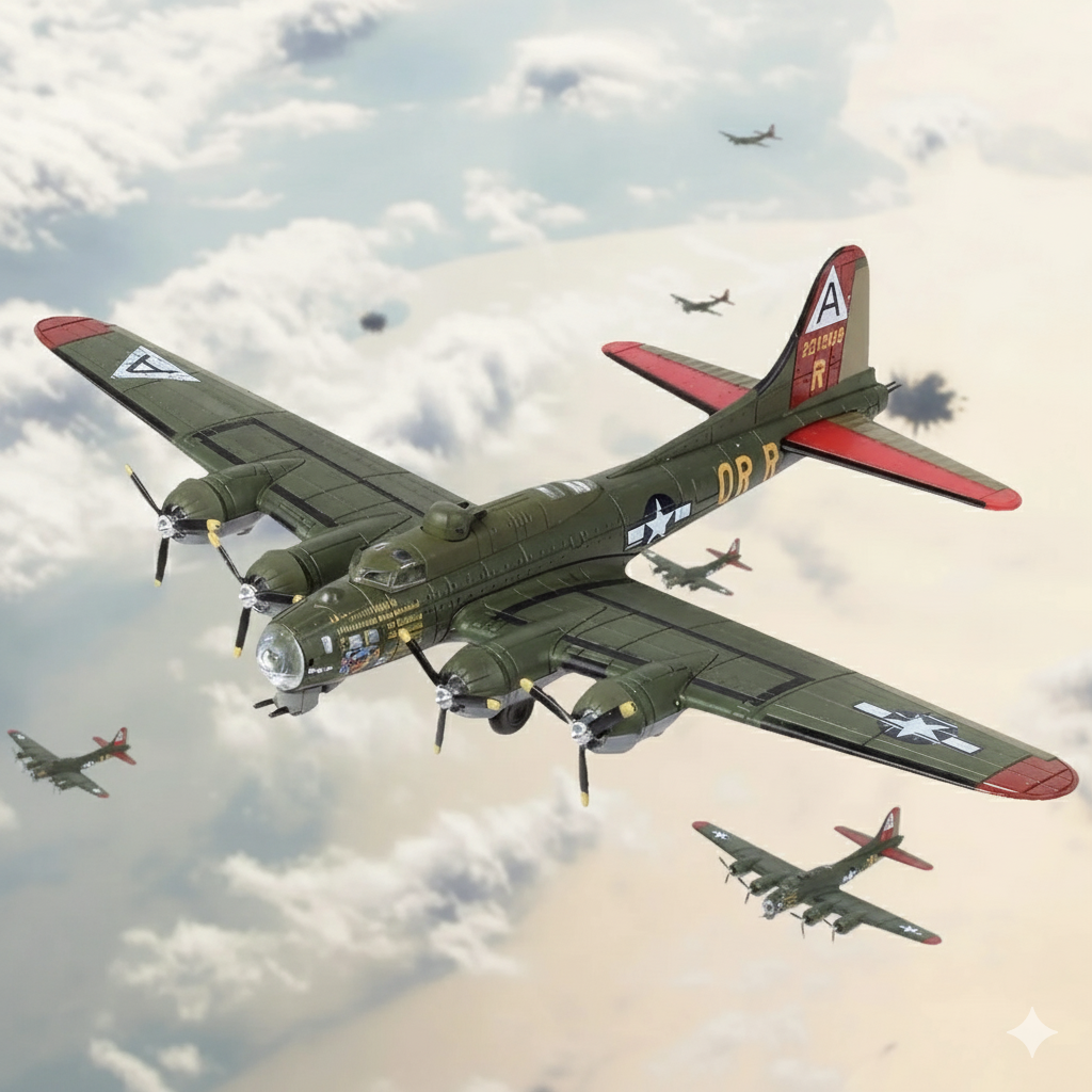 Vintage military airplane flying through a cloudy sky with other planes in the background. B17