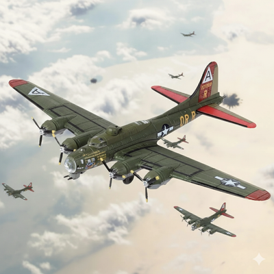 Vintage military airplane flying through a cloudy sky with other planes in the background. B17