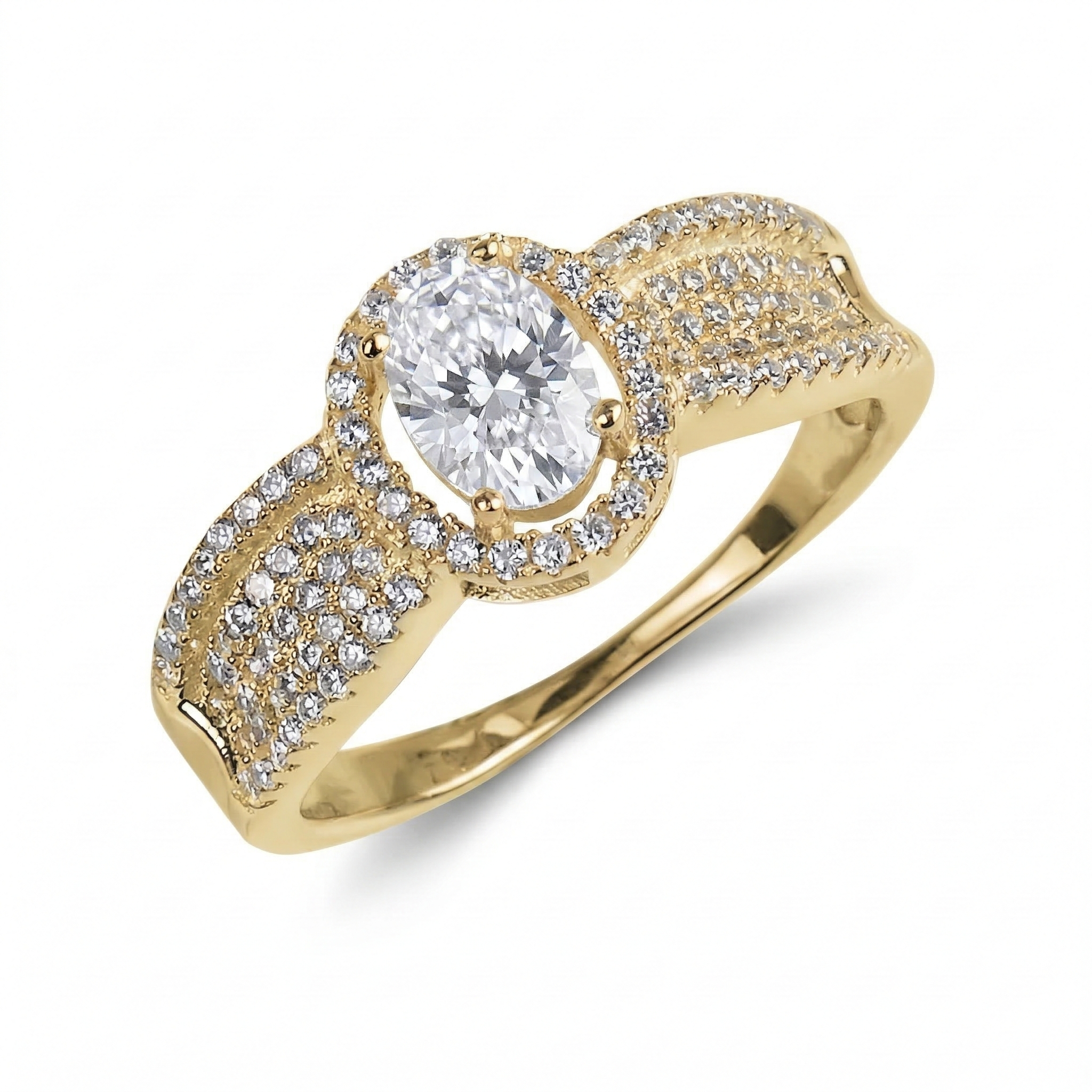 Carolina Ring featuring a stunning oval-cut center stone surrounded by sparkling accents, crafted in sterling silver with gold plating, designed for women’s jewelry collections.