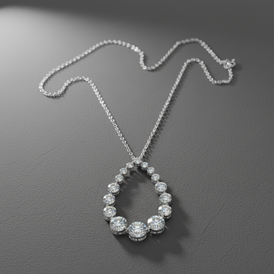 Diamond necklace on a dark gray background. Daniel Steiger To Catch A Thief Pendant