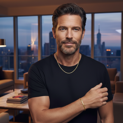 Man in a black t-shirt standing in a modern living room with cityscape view